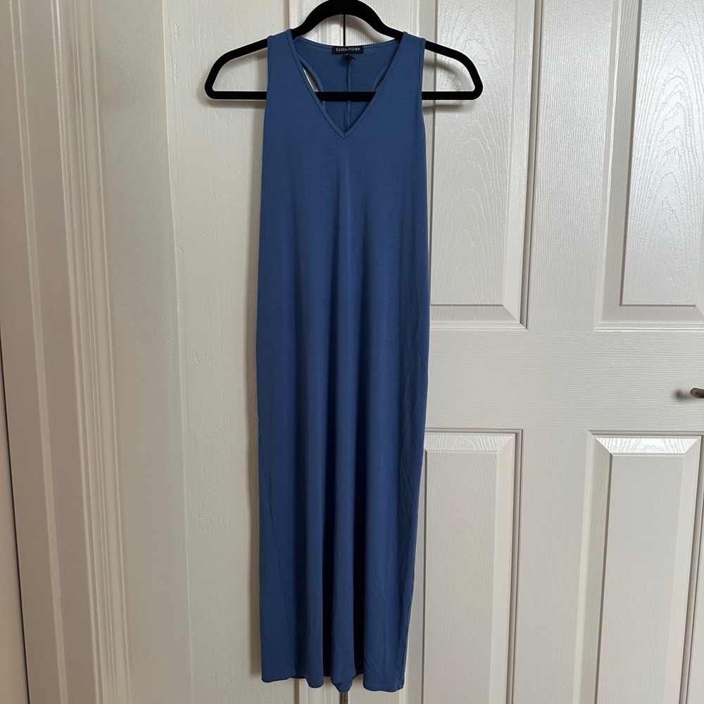 Eileen Fisher Blue V Neck‎ Racerback Midi Dress Size XS/TP Viscose Lycra